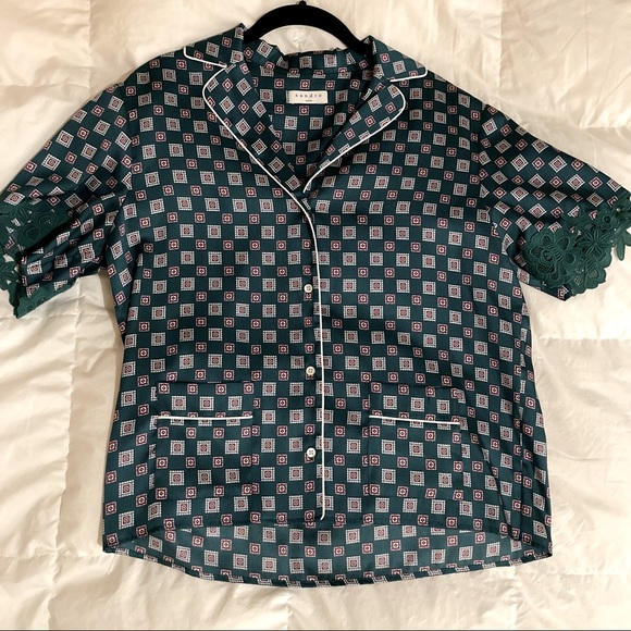 Donated | Sandro | Emerald Green Tile-print Satin Blouse - Picture 3 of 6